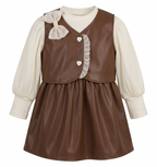 Girls Brown Faux Leather Dress with Full Sleeve Shimmer Top