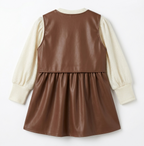 Girls Brown Faux Leather Dress with Full Sleeve Shimmer Top
