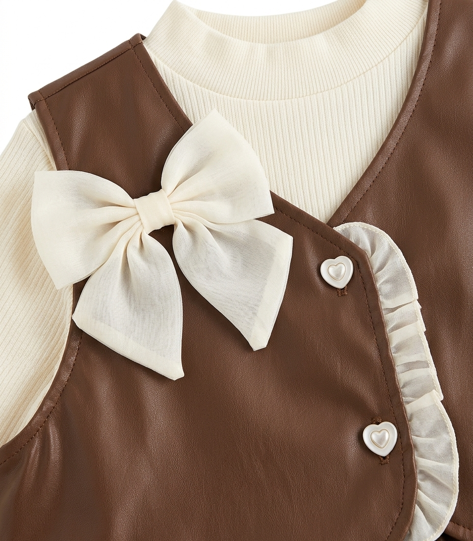 Girls Brown Faux Leather Dress with Full Sleeve Shimmer Top
