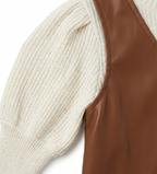 Girls Brown Faux Leather Dress with Full Sleeve Shimmer Top