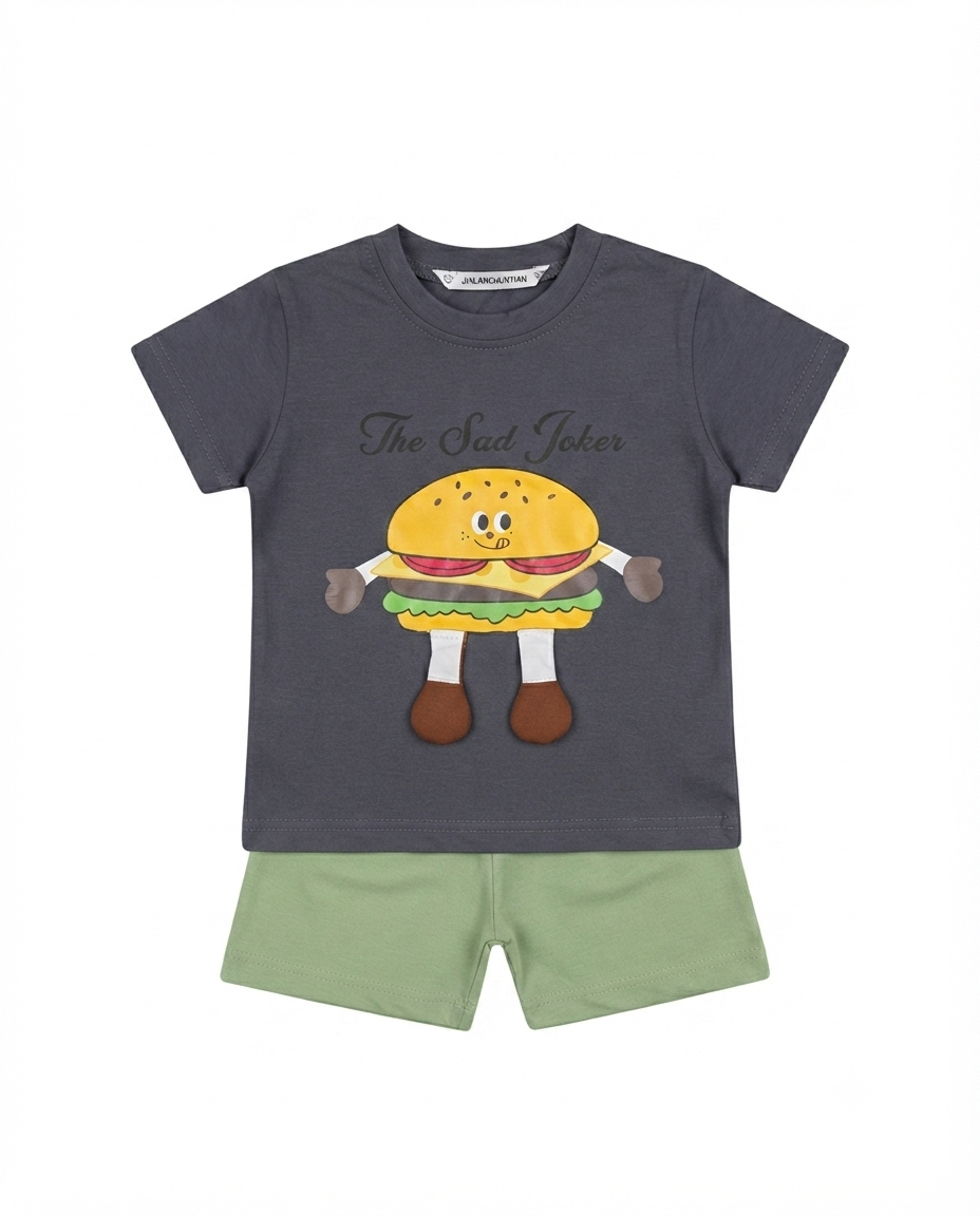 Boys Burger Print T-Shirt & Shorts Set with Matching Sling Bag