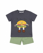 Boys Burger Print T-Shirt & Shorts Set with Matching Sling Bag