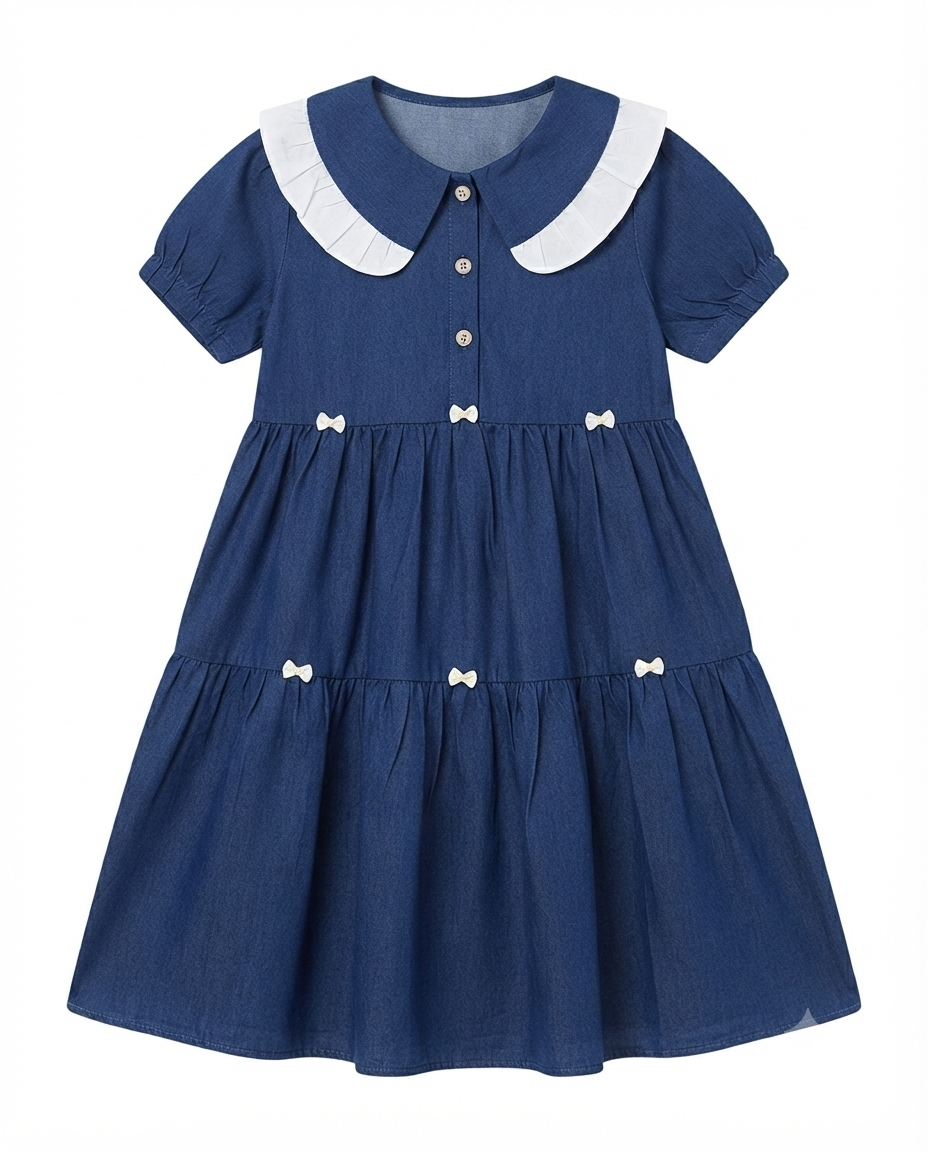 Girls Cotton Blue Frock with Bow Details