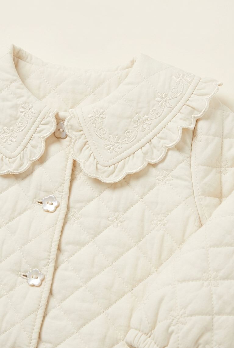 Girls Off White Quilted Winter Jacket with Peter Pan Collar
