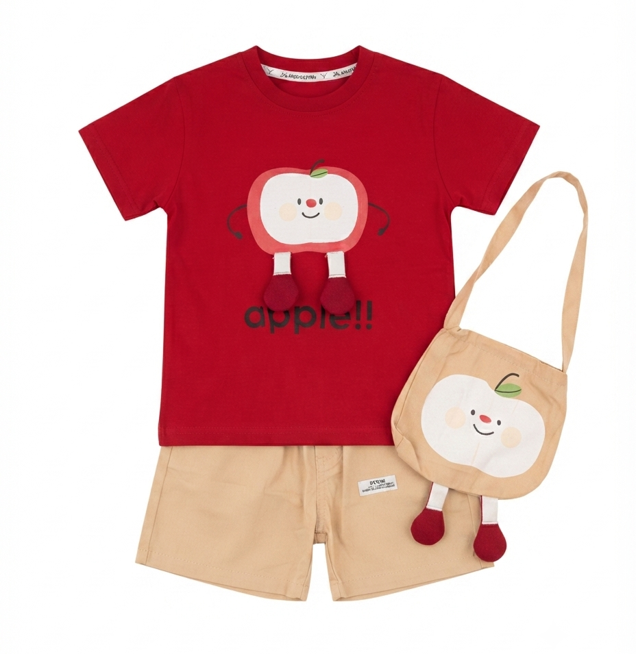 Boys Apple Applique T-Shirt & Shorts Set with Matching Sling Bag