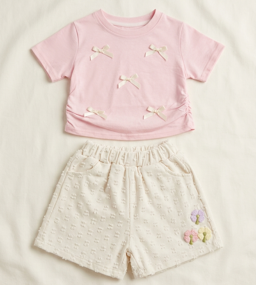 Girls Pink Bow Cotton T Shirt Set with Textured Shorts