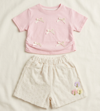Girls Pink Bow Cotton T Shirt Set with Textured Shorts