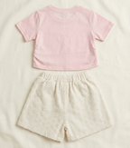 Girls Pink Bow Cotton T Shirt Set with Textured Shorts