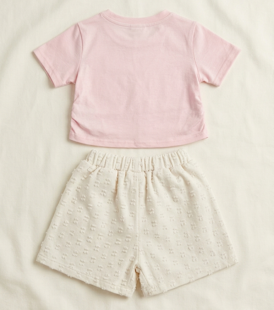 Girls Pink Bow Cotton T Shirt Set with Textured Shorts