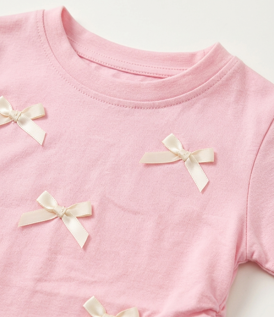 Girls Pink Bow Cotton T Shirt Set with Textured Shorts