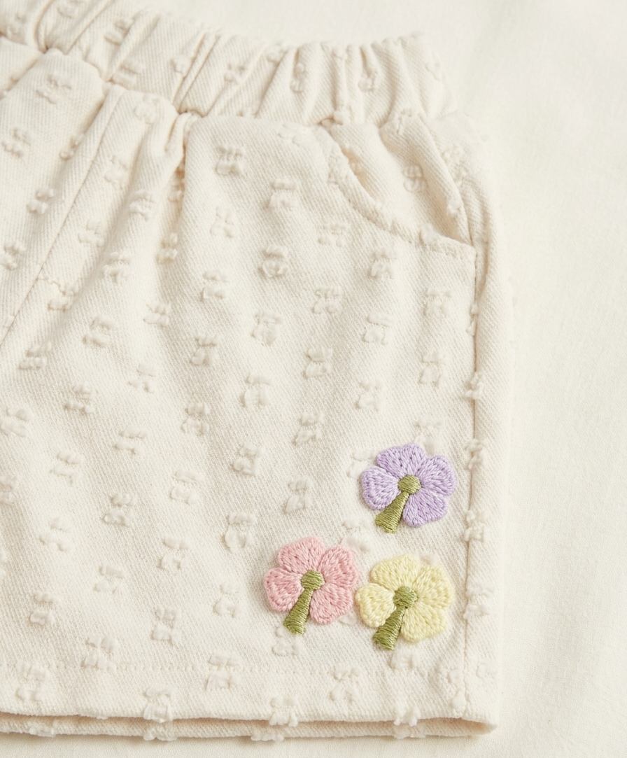 Girls Pink Bow Cotton T Shirt Set with Textured Shorts