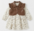 Girls Floral Tiered Dress with Brown Faux Leather Ruffle Jacket