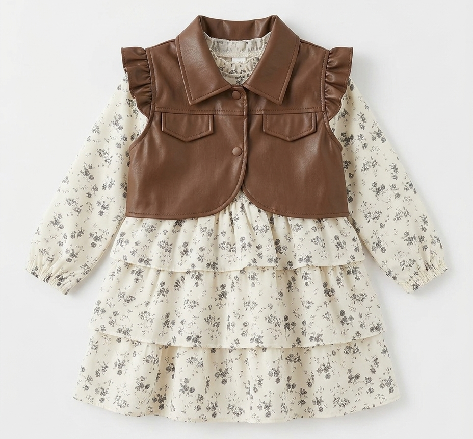 Girls Floral Tiered Dress with Brown Faux Leather Ruffle Jacket