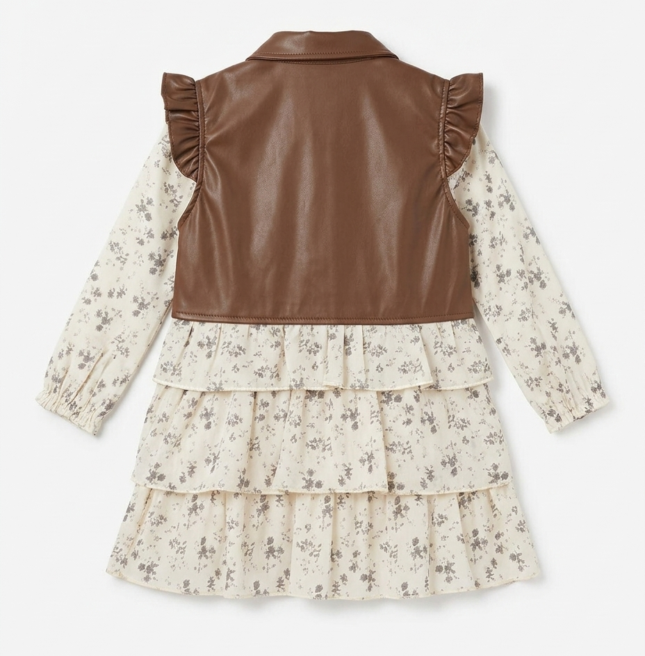 Girls Floral Tiered Dress with Brown Faux Leather Ruffle Jacket