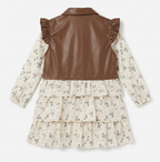 Girls Floral Tiered Dress with Brown Faux Leather Ruffle Jacket