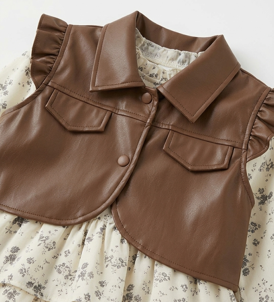 Girls Floral Tiered Dress with Brown Faux Leather Ruffle Jacket