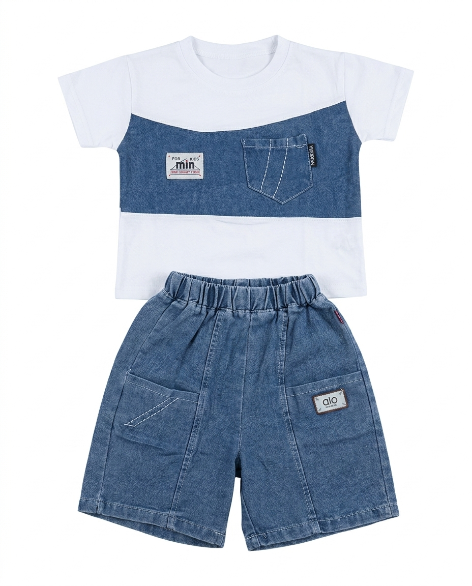 Boys White & Blue Color Block T-Shirt & Denim Shorts