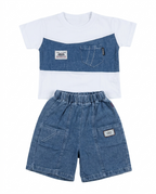 Boys White & Blue Color Block T-Shirt & Denim Shorts