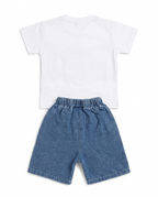 Boys White & Blue Color Block T-Shirt & Denim Shorts
