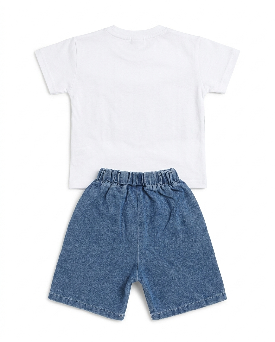 Boys White & Blue Color Block T-Shirt & Denim Shorts