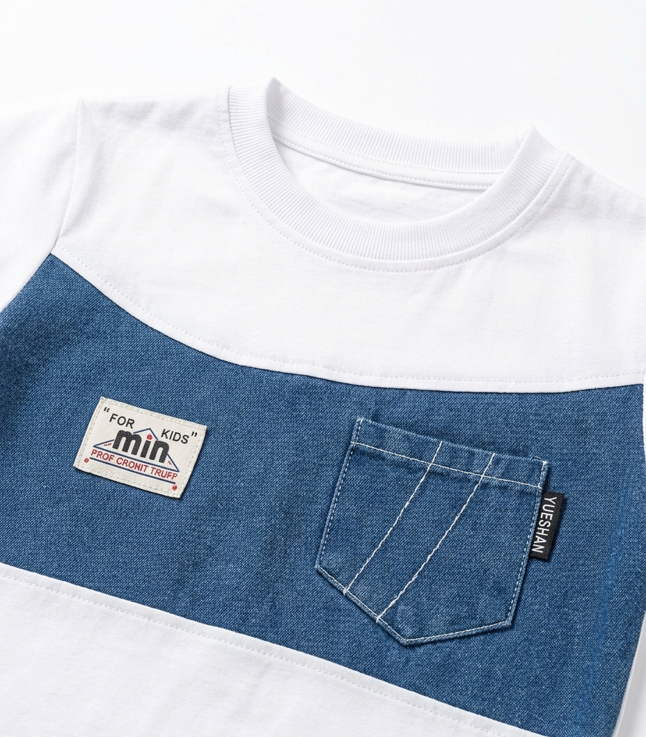 Boys White & Blue Color Block T-Shirt & Denim Shorts