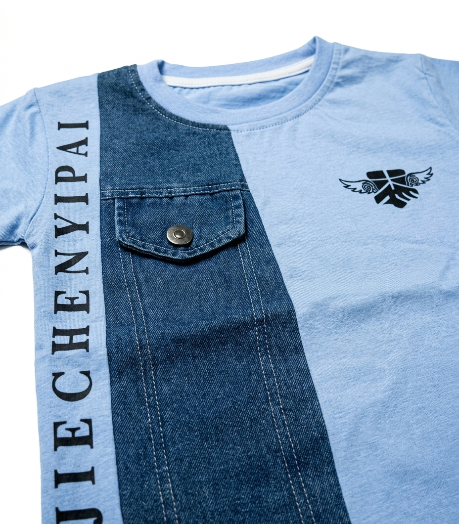 Boys Sky Blue Color Block T-Shirt & Denim Shorts