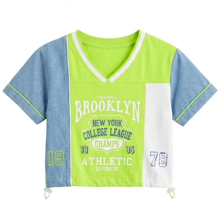 Girls Neon Green Color Block Brooklyn Graphic V-Neck T-Shirt