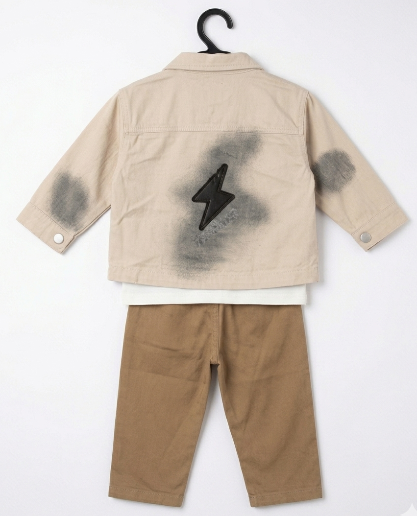 Boys Beige Denim Jacket, T-Shirt & Pants 3-Piece Set