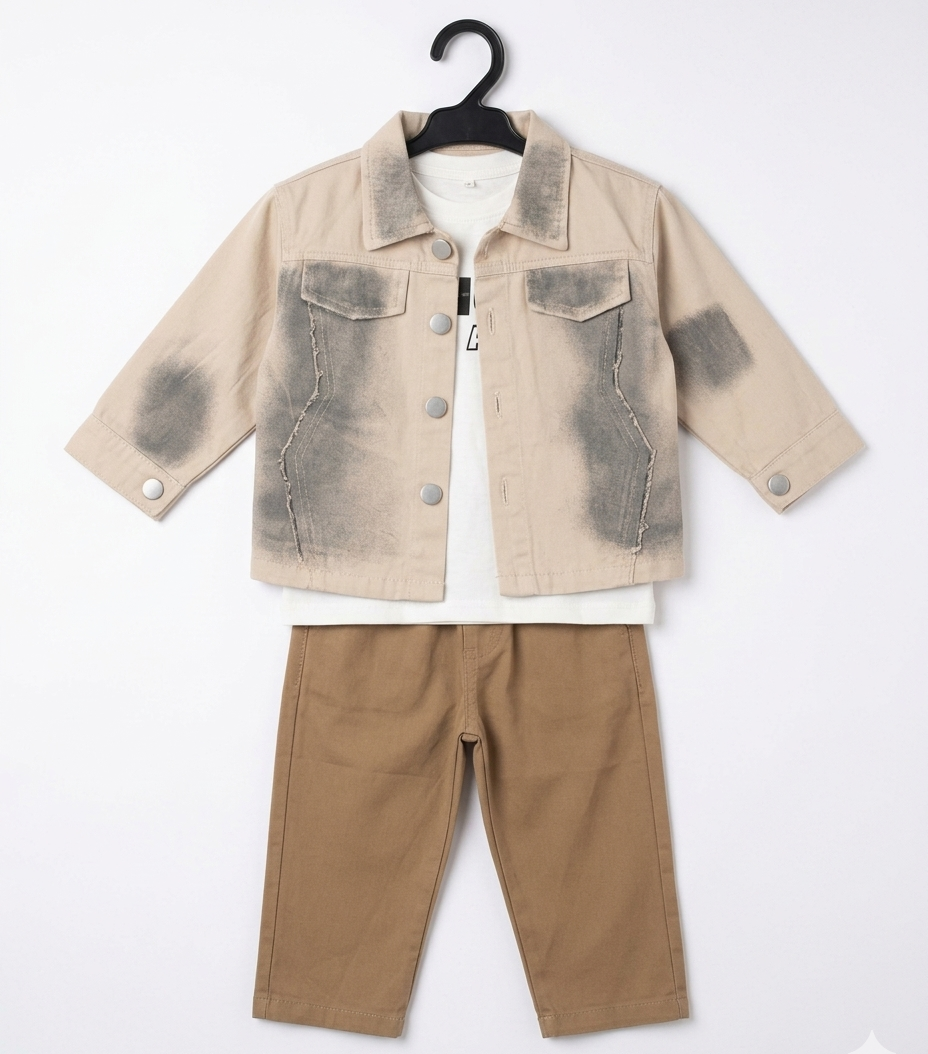 Boys Beige Denim Jacket, T-Shirt & Pants 3-Piece Set