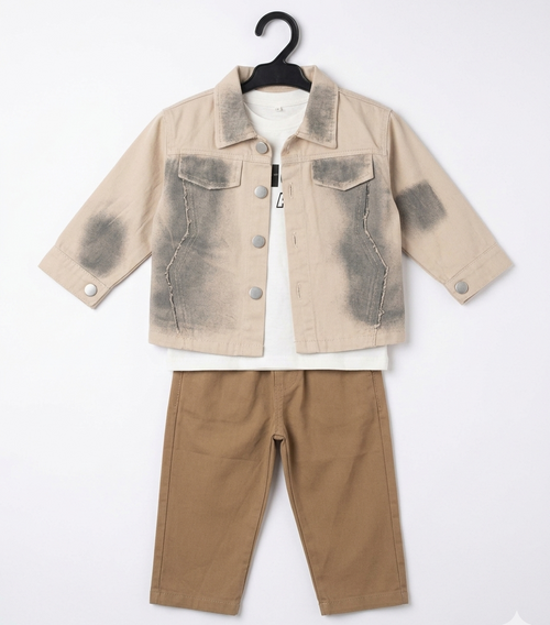Boys Beige Denim Jacket, T-Shirt & Pants 3-Piece Set