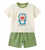 Boys Doraemon Print T-Shirt & Shorts Set with Matching Sling Bag