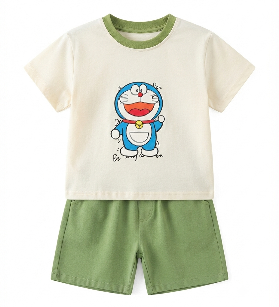 Boys Doraemon Print T-Shirt & Shorts Set with Matching Sling Bag