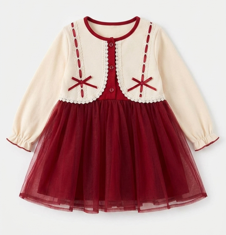 Girls Maroon Tulle Party Dress with Cream Knit Bodice
