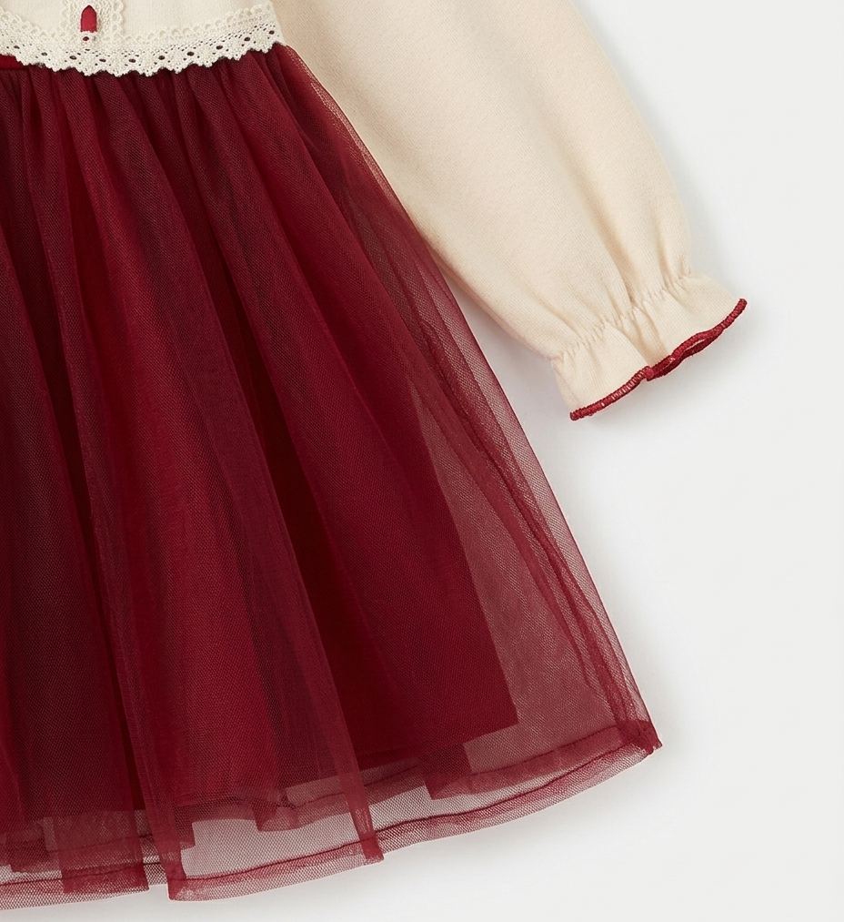 Girls Maroon Tulle Party Dress with Cream Knit Bodice