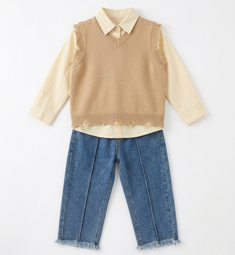 Girls Shirt, Sweater Vest & Jeans 3 Piece Set