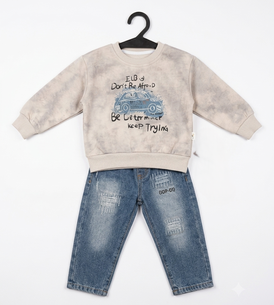 Boys Printed Sweatshirt & Denim Jeans Set