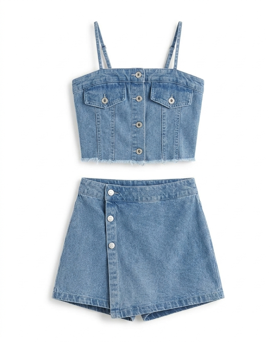 Girls Light Blue Denim Crop Top & Skirt