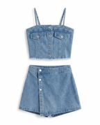 Girls Light Blue Denim Crop Top & Skirt