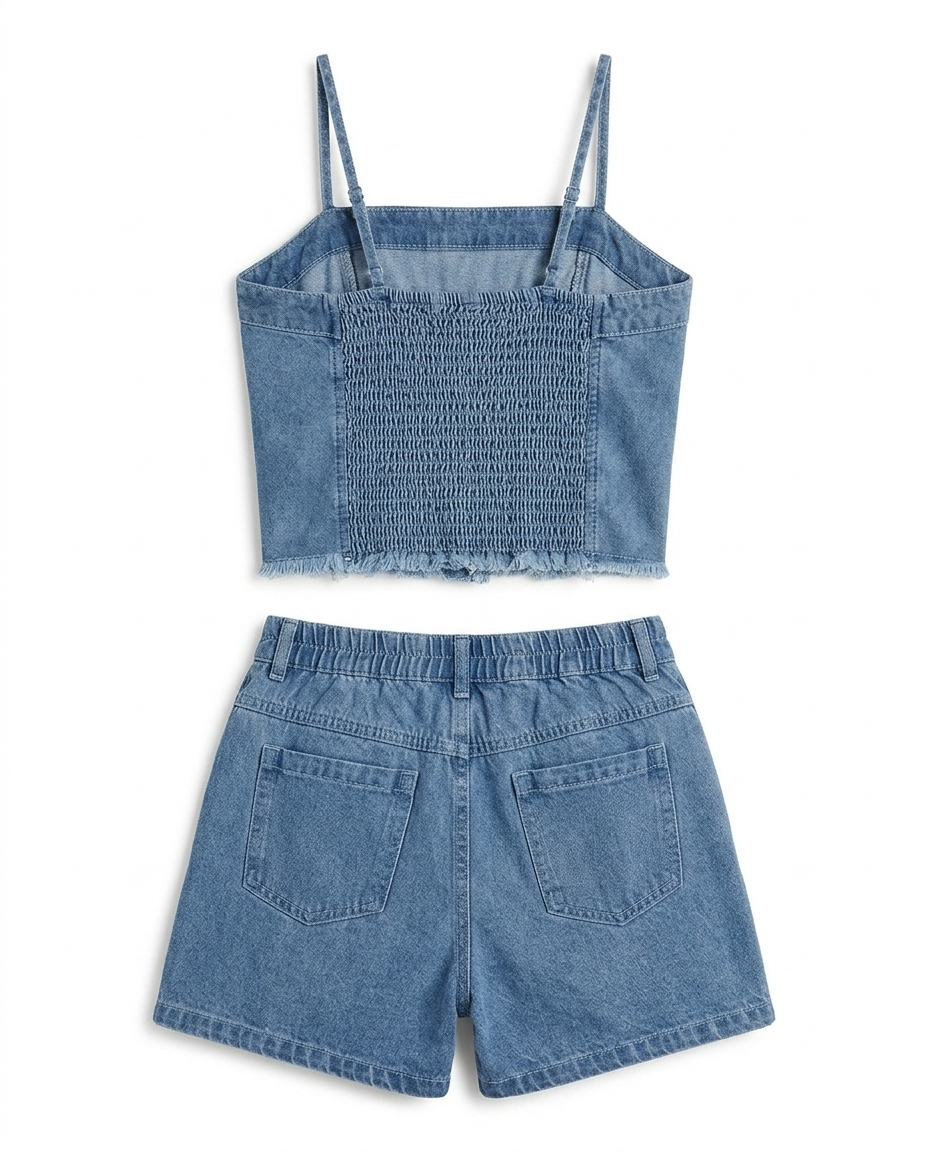 Girls Light Blue Denim Crop Top & Skirt