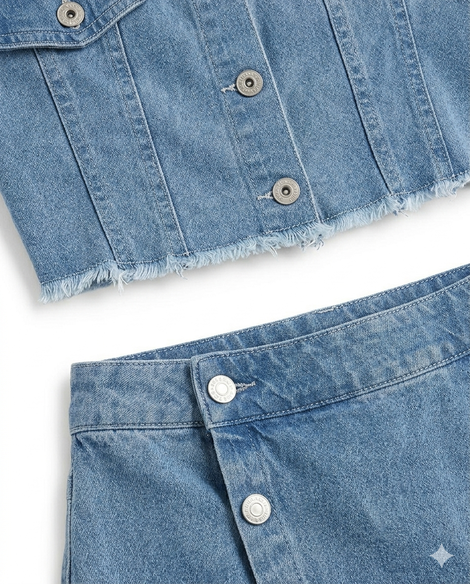 Girls Light Blue Denim Crop Top & Skirt