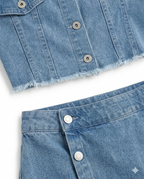 Girls Light Blue Denim Crop Top & Skirt
