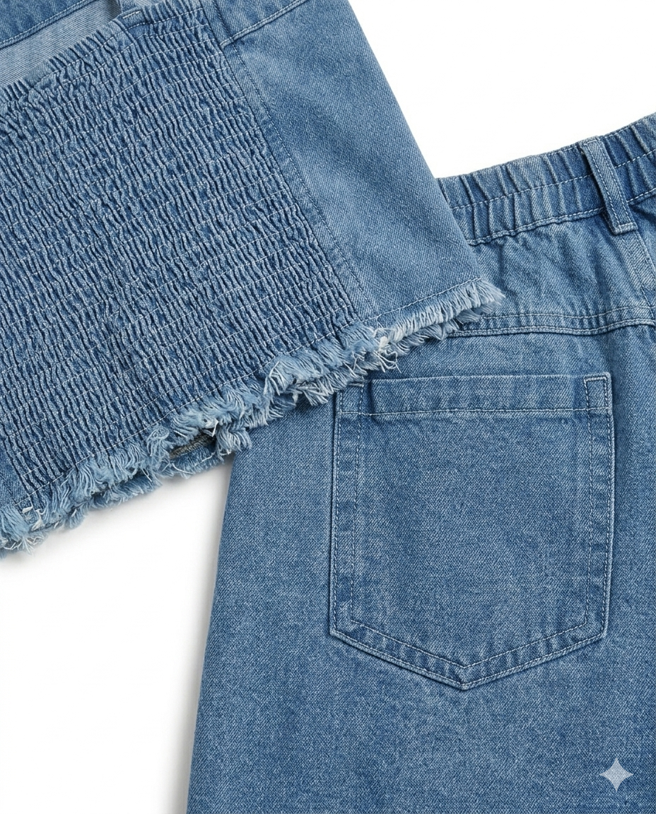 Girls Light Blue Denim Crop Top & Skirt
