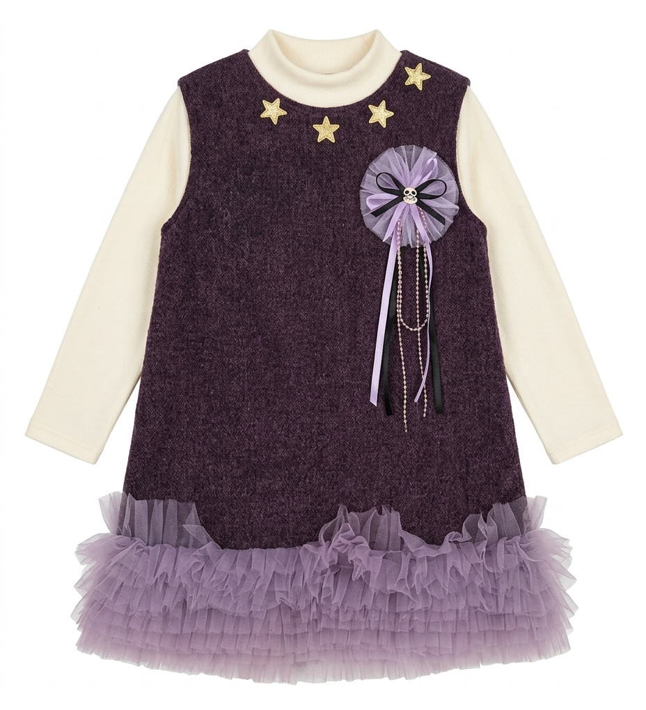 Girls Purple Winter Dress with High Neck Top