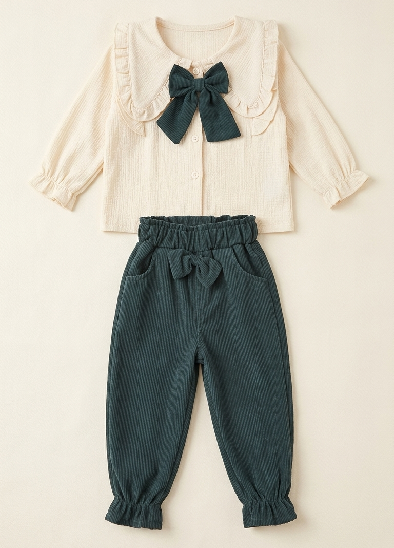 Girls Green Bow Shirt & Cargo Pants Set