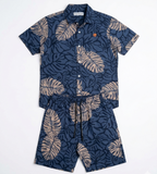 Boys Navy Blue Tropical Leaf Print Shirt & Shorts Co-Ord Set