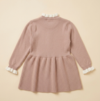 Girls Beige Knitted Winter Dress with Floral Embroidery