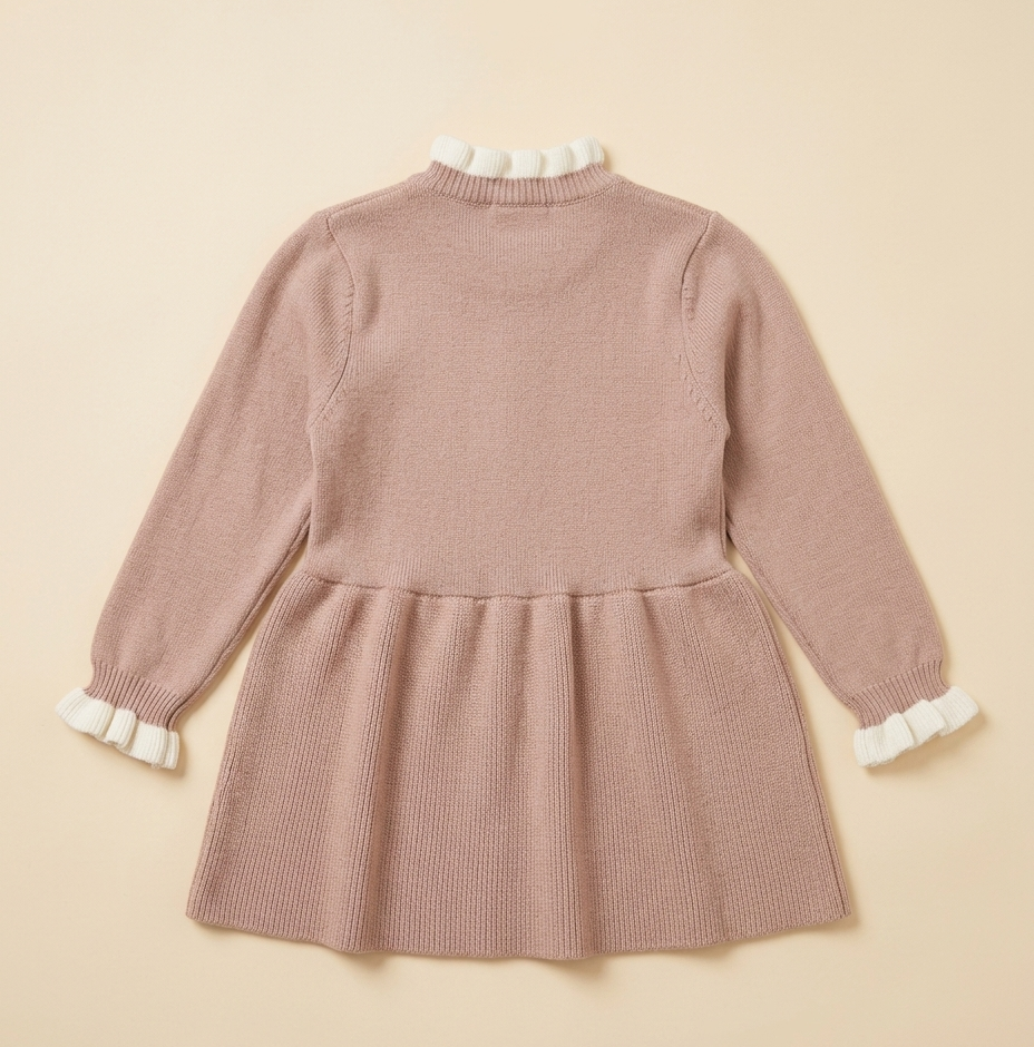 Girls Beige Knitted Winter Dress with Floral Embroidery