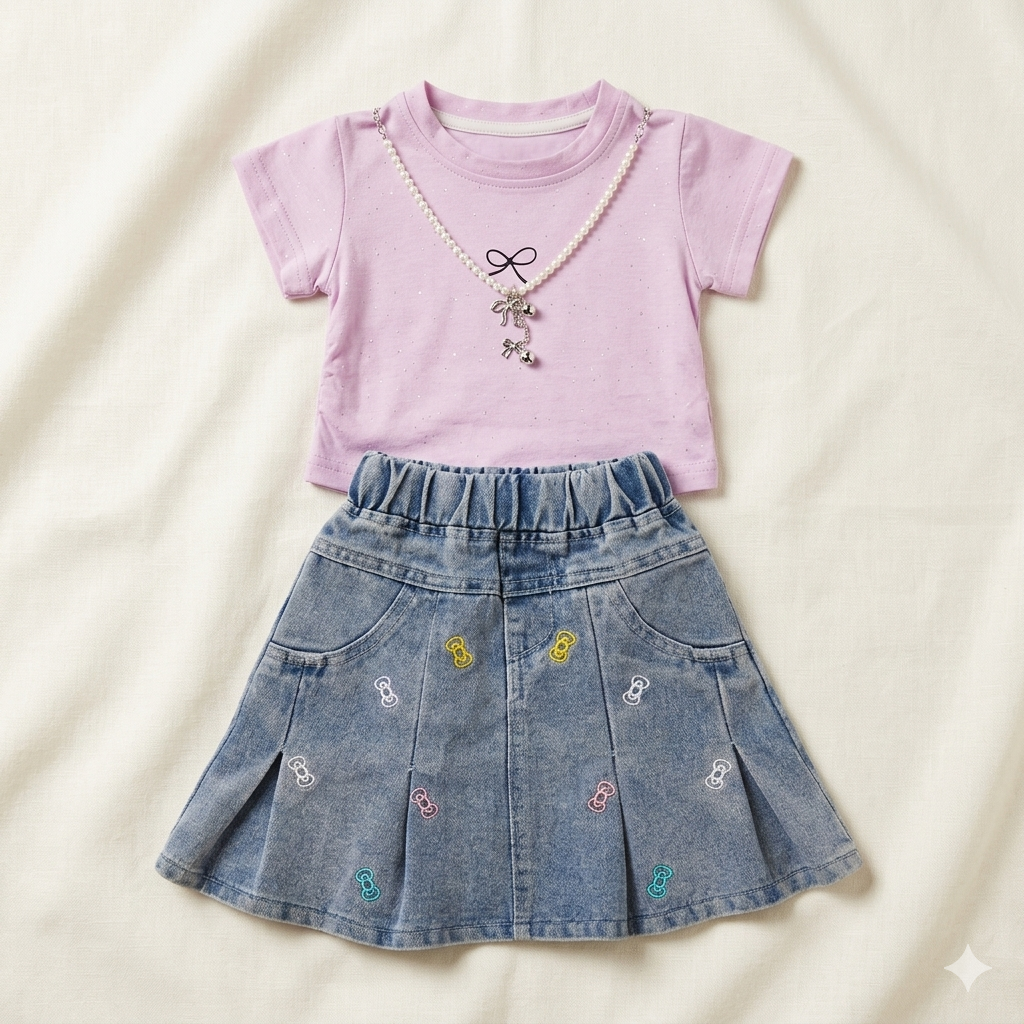 Girls Pink T Shirt and Denim Skirt