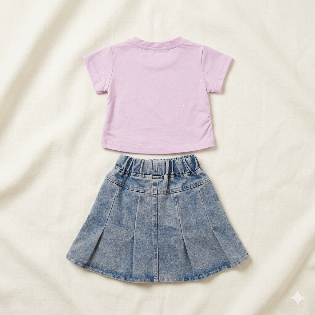 Girls Pink T Shirt and Denim Skirt