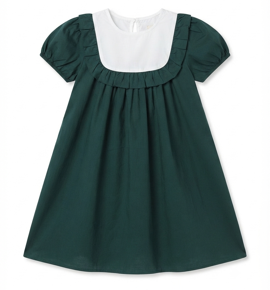 Girls Dark Green Puff Sleeve Cotton A-Line Dress